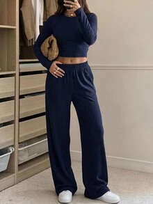 SHEIN EZwear 米色針織女款圓領長袖T恤與長褲套裝，居家旅行秋季休閒日常穿搭 - 藏蓝色 - 查看 3