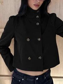 SHEIN EZwear 卡其色梭織鈕扣前開襟女款風衣，適合辦公商務、秋季優雅休閒，教師節穿搭 - 黑色 - 查看 3