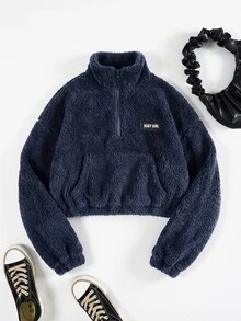 SHEIN EZwear 秋季女款半拉鍊深灰色刷毛字母貼布設計短版休閒衛衣，校園假期街頭風 - 藏蓝色 - 查看 1