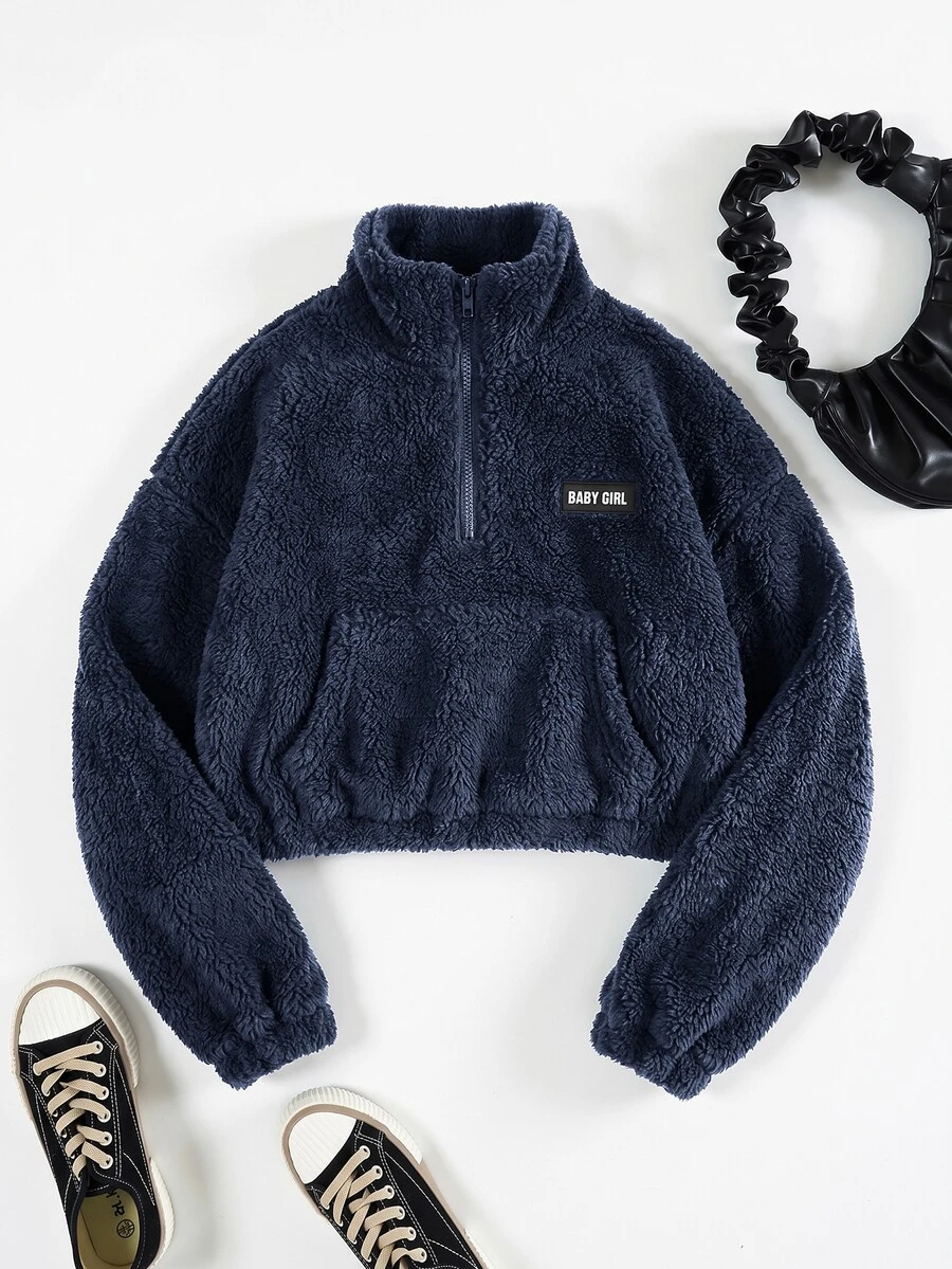 SHEIN EZwear 秋季女款半拉鍊深灰色刷毛字母貼布設計短版休閒衛衣,校園假期街頭風 - 藏蓝色 - 查看 1