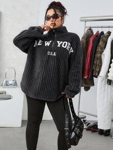 SHEIN EZwear 2件組休閒字母印花拉鍊抓絨連帽外套與修身瑜伽褲，百搭大尺碼，秋冬款 - 深灰色 - 查看 4