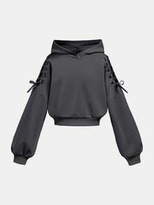SHEIN 女童萬聖節時尚街頭風長袖抽繩休閒套頭衛衣 蝴蝶結深灰色 短版 秋冬款 - 灰色 - 查看 3