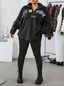 SHEIN EZwear 2件組休閒字母印花拉鍊抓絨連帽外套與修身瑜伽褲，百搭大尺碼，秋冬款 - 深灰色 - 查看 7