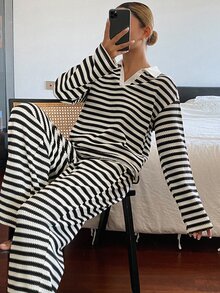 DAZY Women's Striped Lapel Long Sleeve T-Shirt And Pants Casual 2 Pieces Set - Black - View 5