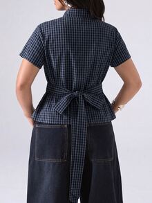 LYSMO Plus Size Women's Summer Casual Plaid Tie Waist Blouse Office Formal Navy Blue - Royal Blue - View 8