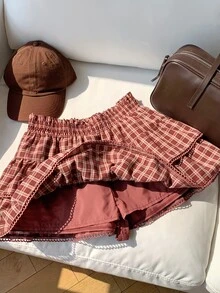 Comfortcana 大尺碼女款彈性腰格紋休閒可愛日系 90 年代百搭日常穿著辦公室裙 回校季畢業季巧克力棕秋季 - 紅白色 - 查看 7