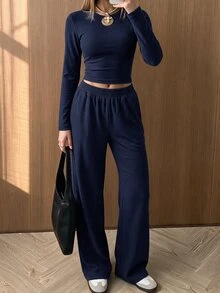 SHEIN EZwear 米色針織女款圓領長袖T恤與長褲套裝，居家旅行秋季休閒日常穿搭 - 藏蓝色 - 查看 5