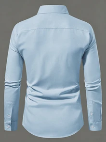 Manfinity Mode Men's Plus Size Solid Color Business Casual Fitted Long Sleeve Formal Shirt , Office Wear Shirt For Men, Business Shirt For Men, Ceremony - Blue - View 2