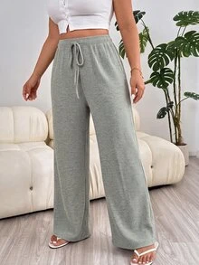 Solflare Nya bekväma mjuka långa plus size-byxor med elastisk midja, knytning, borstad ribbstickning, varma, aprikosfärgade och lösa för hemmet och dagligt bruk - Ljusgrå - Visa 3