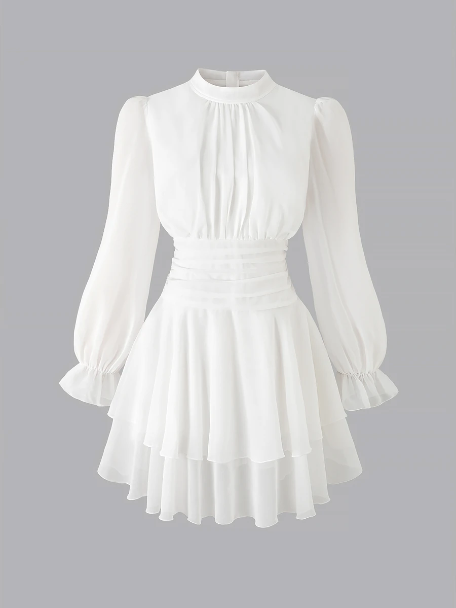 SHEIN Teen Girls Plain Elegant Mock Neck Lantern Sleeve Ruched Tiered Ruffle Mini Dress - White - View 1