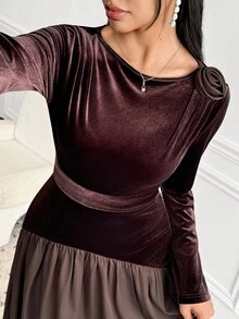 Veilorie Women's Round Neck Long Sleeve Elegant Arabian Dress - Coffee Brown - View 4