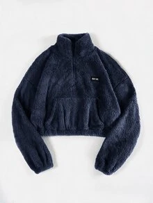 SHEIN EZwear 秋季女款半拉鍊深灰色刷毛字母貼布設計短版休閒衛衣，校園假期街頭風 - 藏蓝色 - 查看 3