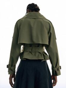 LYSMO Women's Solid Color Stand Collar Casual Versatile Trench Coat Jacket - Army Green - View 2
