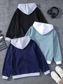SHEIN 3件組兒童青少年男孩連帽衛衣套裝，百搭休閒多功能，適合秋冬穿著 - 彩色 - 查看 4