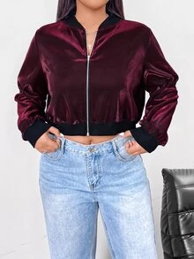 SHEIN EZwear 大尺碼女款幻彩短版長袖夾克外套 冬季秋季 - 酒紅色 - 查看 6