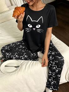SHEIN Women's Cartoon Print Short Sleeve Top And Long Pants Casual Daily Home Pajama Set - Multicolor - View 4