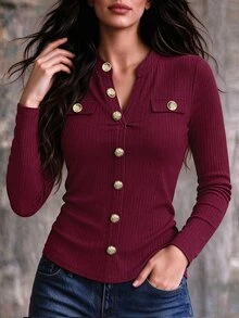 SHEIN Clasi تي شيرت نسائي مقاس كبير بلون موحد كاجوال للاستخدام اليومي بأكمام طويلة - عنابي اللون - مشاهدة 3