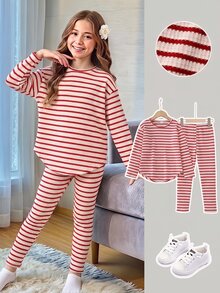 SHEIN Vintaside Kids 女童軟綿復古條紋上衣，圓弧下擺，配寬鬆長褲，修身輕量春/秋開學套裝 - 紅色 - 查看 3