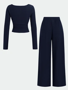 SHEIN 青少年女孩秋冬春季休閒時尚棕色針織紋理方領收腰長袖上衣 - 藏蓝色 - 查看 4