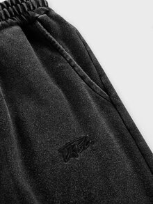 SWAVVY Men's Casual Loose Fit Long Pants, Spring/Summer/Autumn, Standard Size, Embroidered Black Snow Wash - Grey - View 2