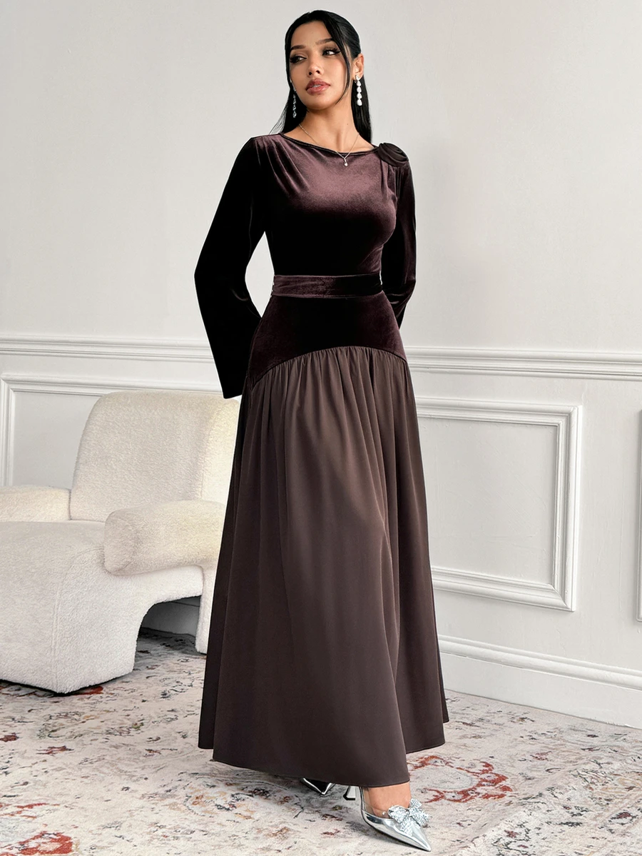 Veilorie Women's Round Neck Long Sleeve Elegant Arabian Dress - Coffee Brown - View 1
