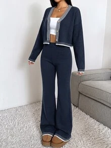 CovetEZ 2件組女款素色拼接前扣長袖休閒針織衫與長褲套裝，秋季女裝 - 藏蓝色 - 查看 4