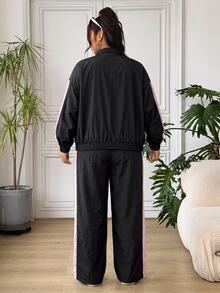 SHEIN EZwear 大尺碼女款拼色長袖拉鍊夾克與鬆緊腰長褲兩件套 秋季 - 黑色 - 查看 2