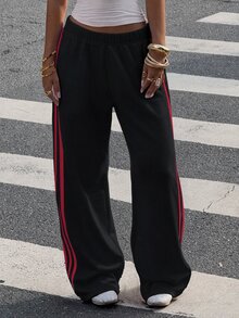 Muchica 大尺碼女款棕色側條紋寬腿寬鬆休閒長褲 S Trousers 大碼運動慢跑褲闊腿褲 秋季 - 彩色 - 查看 4