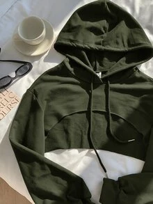SHEIN EZwear 抽繩設計超短版連帽衛衣－黑白配色，秋冬長袖上衣 - 軍綠色 - 查看 6