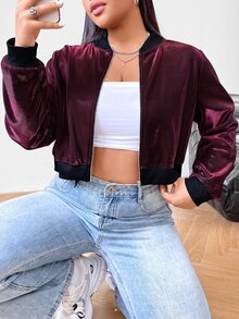 SHEIN EZwear 大尺碼女款幻彩短版長袖夾克外套 冬季秋季 - 酒紅色 - 查看 1