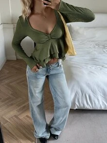 SHEIN EZwear 女款優雅休閒通勤純色不對稱下擺T恤，秋季橄欖綠長袖上衣，適合日常約會 - 軍綠色 - 查看 5