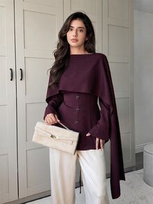 Veilorie 女款優雅通勤純色披肩領繫腰襯衫 - 中紫紅色 - 查看 1