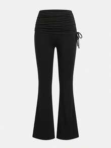 SHEIN 女童素色百褶休閒日常喇叭長褲 - 黑色 - 查看 5
