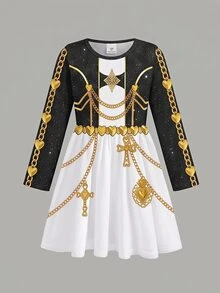 女童韓系K-Pop圓領長袖洋裝，適合假期表演、嘉年華、聖誕節 - 黑色 - 查看 2