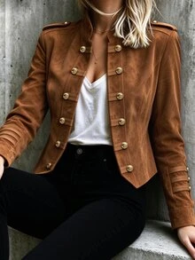 LUMIGAL Brown Solid Color Button Vintage Maillard Jacket For Daily Outings, Photography And Commuting - Brown - View 4