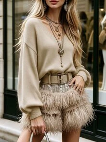 Balvessa Women's Solid Color Casual Versatile Daily Wear Long Sleeve Sweater - Champagne - View 3