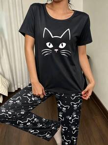 SHEIN Women's Cartoon Print Short Sleeve Top And Long Pants Casual Daily Home Pajama Set - Multicolor - View 3
