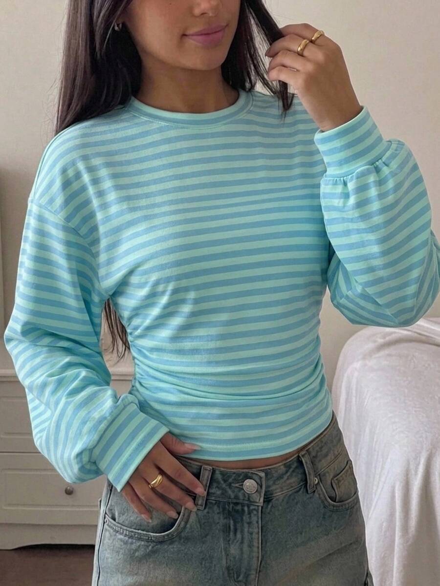 SHEIN 青少年女孩灰色套頭衛衣,腰部抓皺寬鬆休閒百搭校園開學秋季新款 - 藍色 - 查看 1