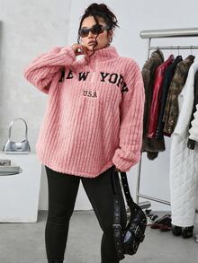 SHEIN EZwear 2件組休閒字母印花拉鍊抓絨連帽衫與修身瑜伽褲，百搭大尺碼，秋冬款 - 粉色 - 查看 6