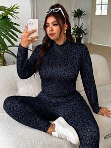 SHEIN EZwear 大尺碼女款豹紋內搭上衣、長袖開襟衫與內搭褲休閒運動牛仔日常套裝，灰色，適合秋季健身教練穿著 - 藏蓝色 - 查看 7