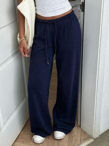 SHEIN EZwear 秋季休閒百搭灰色針織運動長褲 機場穿搭 - 藏蓝色 - 查看 4