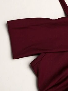 SHEIN 少女優雅時尚百搭純色酒紅收腰露肩魚尾下擺無袖修身貼身長款派對洋裝 - 酒紅色 - 查看 5
