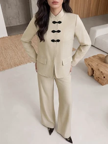 Rue Lumi Women's Solid Color Long Sleeve Jacket And Pants Casual Elegant Daily 2 Pieces Set Office Khaki Light Grey Fall - Beige - View 5