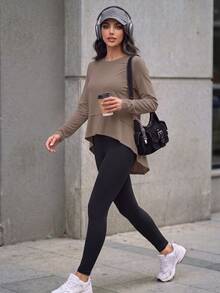 Solavon Women's Solid Color Long Sleeve T-Shirt And Leggings Sports Set - Brown - View 9