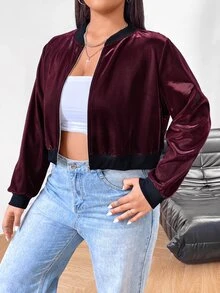 SHEIN EZwear 大尺碼女款幻彩短版長袖夾克外套 冬季秋季 - 酒紅色 - 查看 5