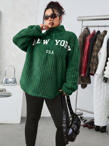 SHEIN EZwear 2件組休閒字母印花拉鍊抓絨連帽衫與修身瑜伽褲，百搭大尺碼，秋冬款 - 墨綠色 - 查看 4