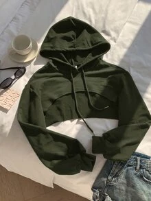 SHEIN EZwear 抽繩設計超短版連帽衛衣－黑白配色，秋冬長袖上衣 - 軍綠色 - 查看 3