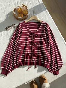 Comfortcana كارديجان فضفاض مخطط برباط أمامي كاجوال للنساء مقاس كبير، خريف/شتاء - عنابي اللون - مشاهدة 4