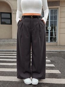 SHEIN EZwear 大尺碼純色鈕扣開合休閒寬腿褲附腰帶 秋冬款 - 黑色 - 查看 3