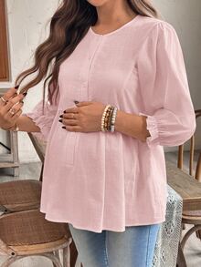 SHEIN 孕婦休閒純色圓領長袖上衣 秋季 - 淺粉色 - 查看 3